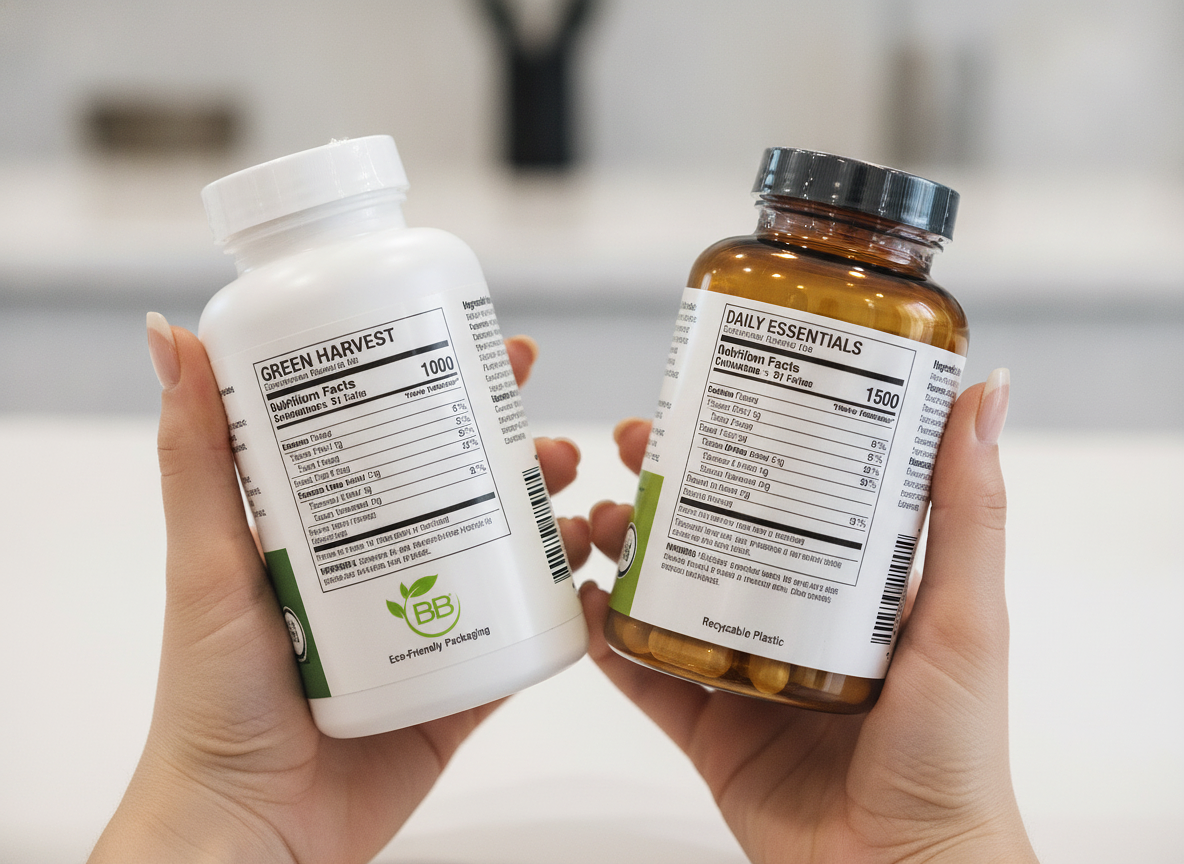 Consumer comparing two supplement bottles, one with BioBottle logo and one without