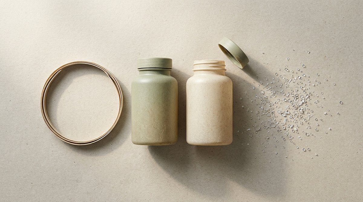 Recyclable Supplement Bottles vs. Microplastics Contrast
