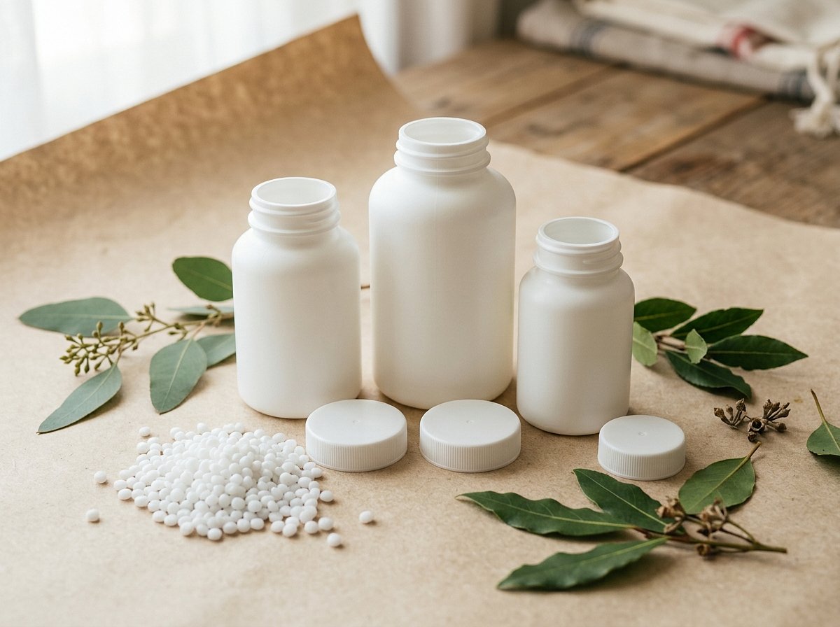 HDPE Supplement Bottles With Resin Pellets and Green Leaves