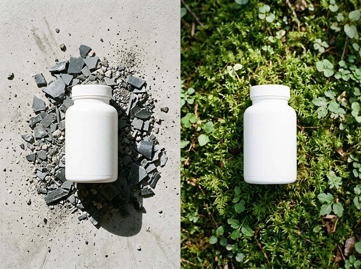 Side-by-side flat-lay of two HDPE supplement bottles showing two fates: one surrounded by plastic fragments and microplastic dust, the other resting on living green moss