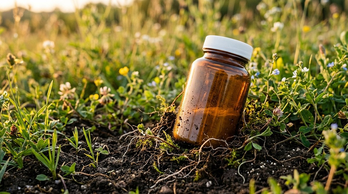 Amber supplement bottle embedded in rich soil surrounded by sprouting grass and wildflowers in warm golden-hour light, symbolizing biodegradable packaging returning to nature