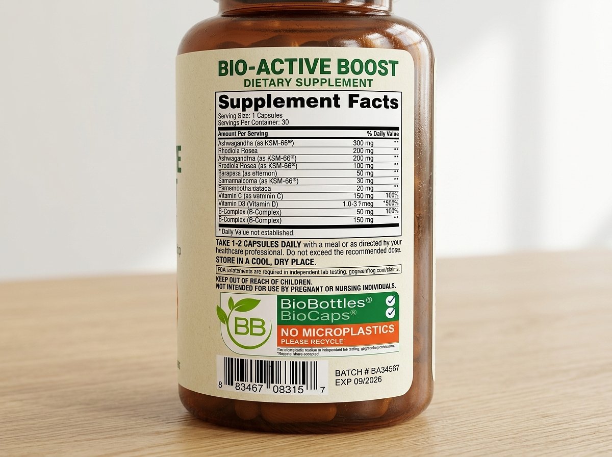 Real supplement bottle with BioBottles label showing product detail