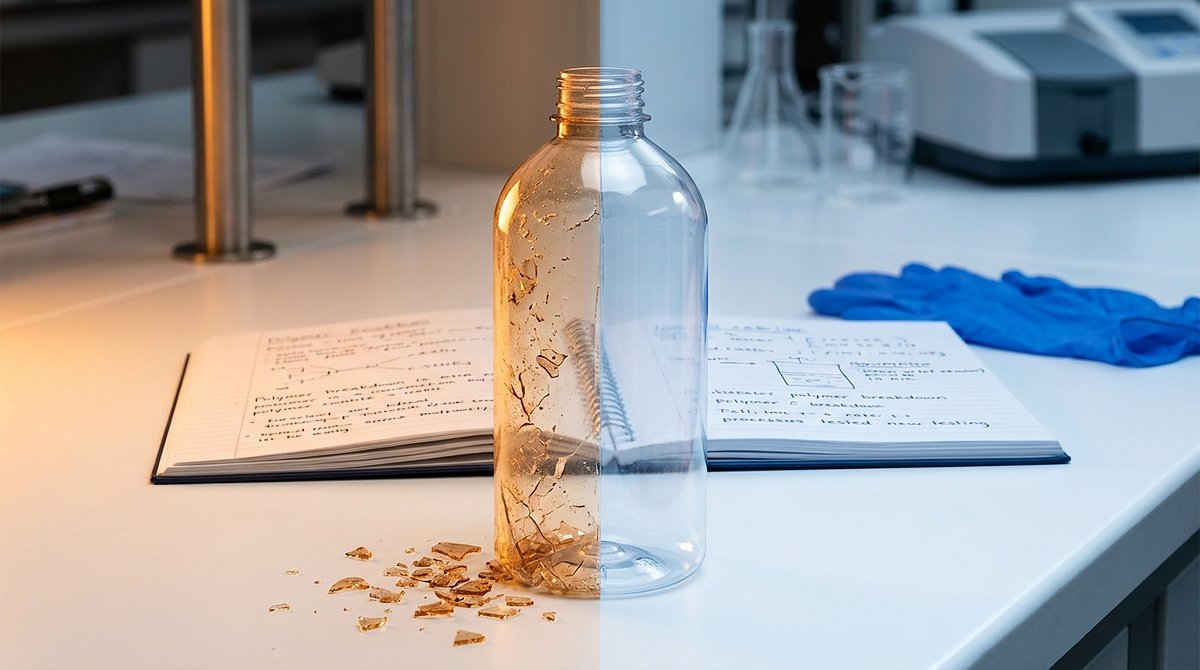 Single plastic bottle on a lab bench illustrating two fates: fragmentation versus biodegradation