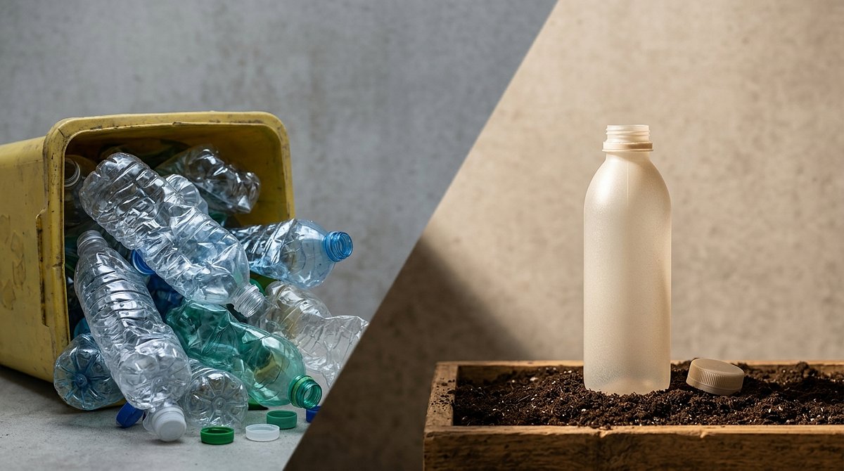 Split composition contrasting an overflowing recycling bin tangled with conventional plastic bottles on one side and a single clean biodegradable bottle standing on dark soil on the other