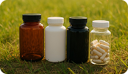 Supplement bottles with BioBottles branding sitting outdoors on grass