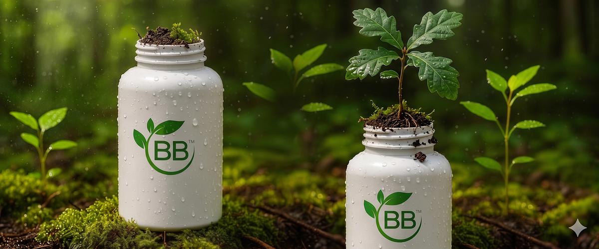 A BioBottle® with a plant growing from it