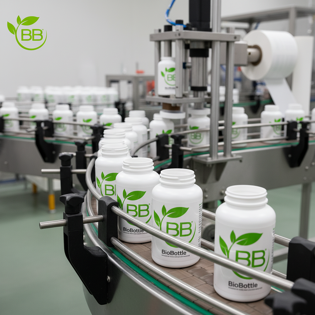 BioBottles® supplement bottles moving down an assembly line at the manufacturing facility