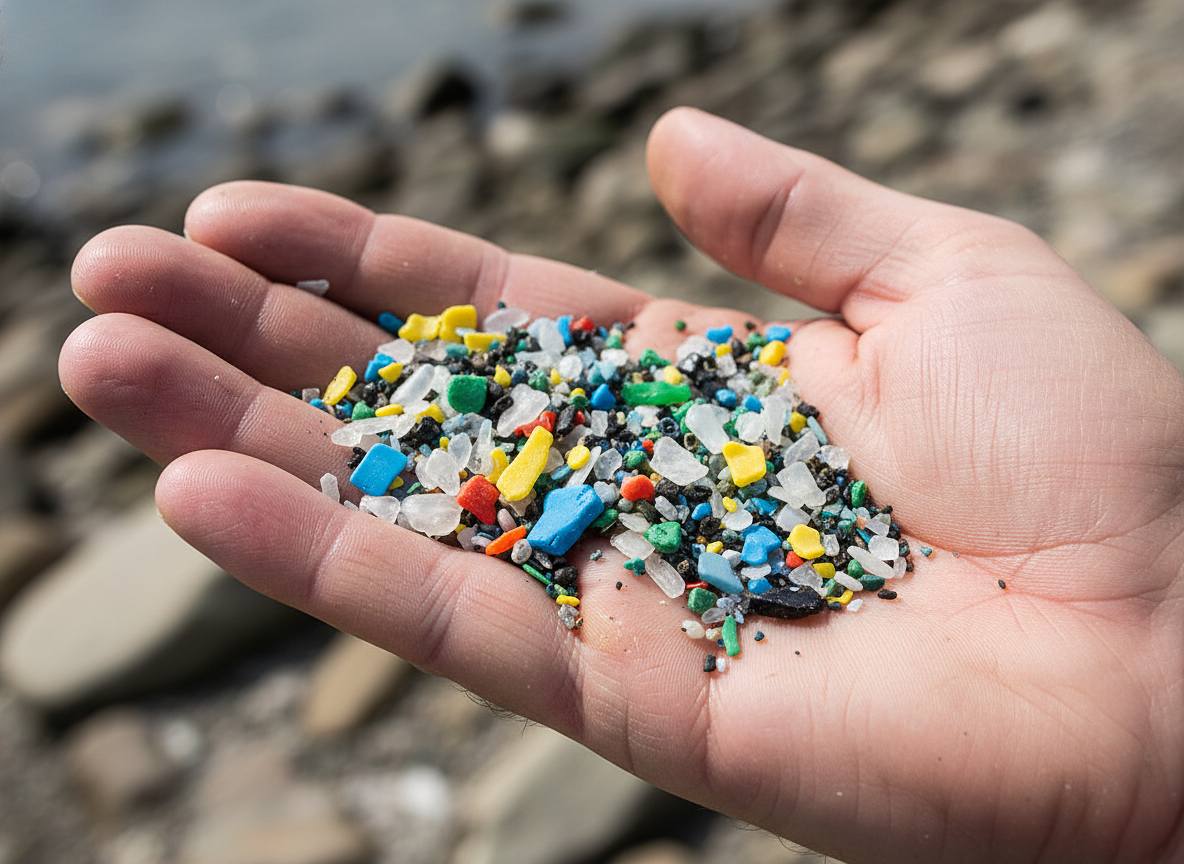 Microplastics in a man's hand, showing tiny plastic granules of various sizes